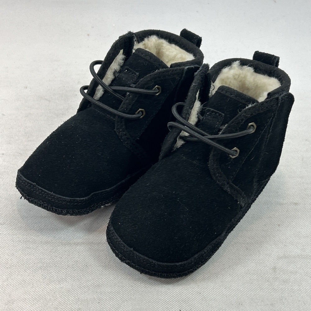 UGG Neumel Boots Baby Size 4/5 Black Suede Sherpa Lined Hook & Loop Sides